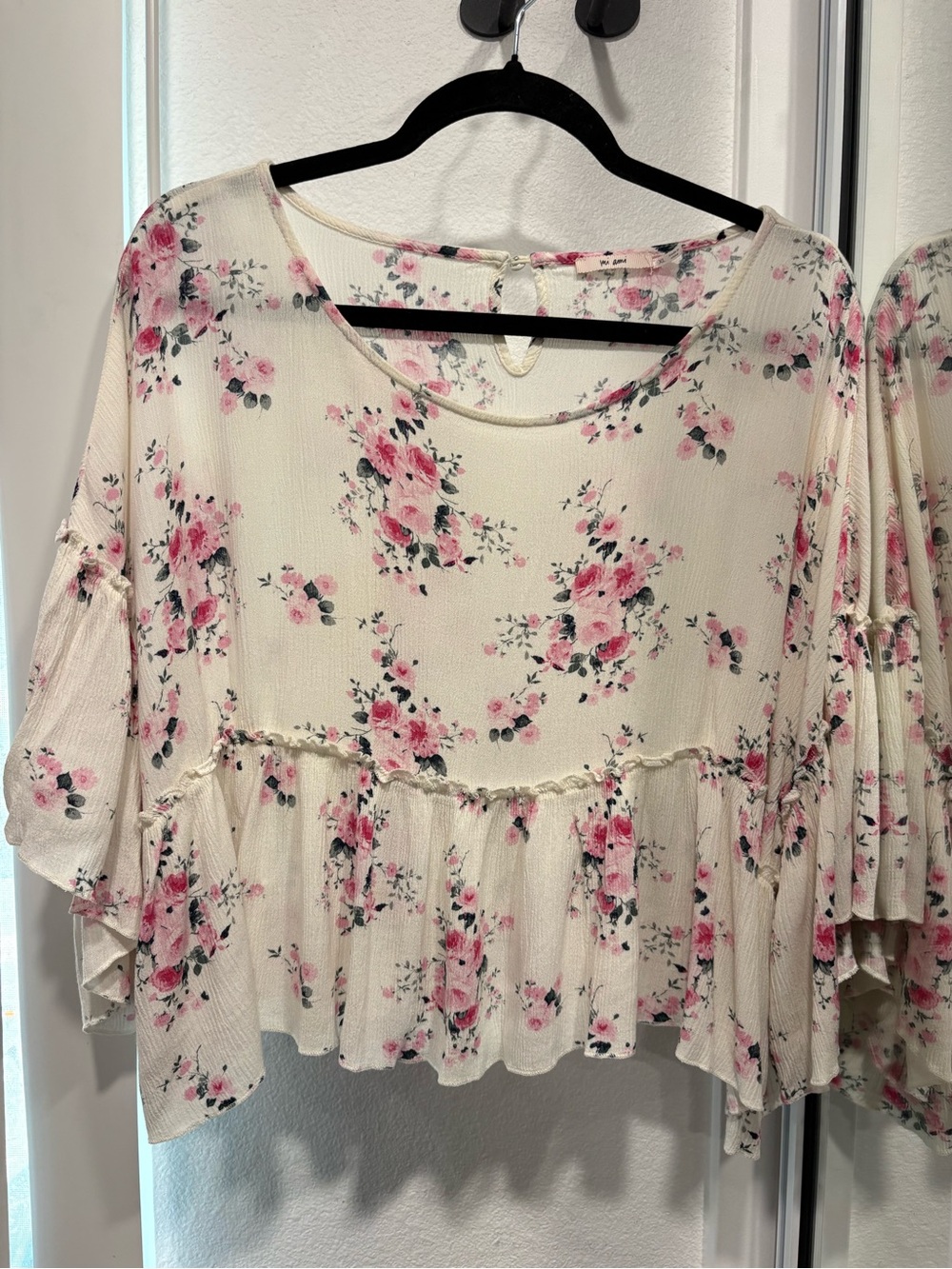 miami Cream Blouse with Pink Floral Ruffle Hem